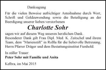 Traueranzeige von Charlotte Sohr von Super Sonntag SGH Mansf. Land