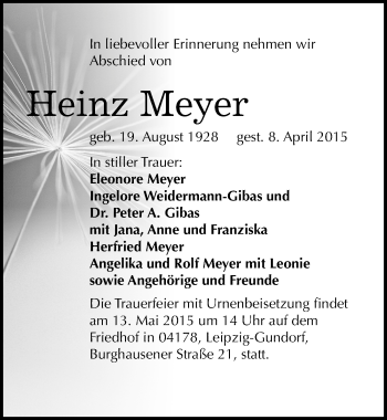 Traueranzeige von Heinz Meyer von Mitteldeutsche Zeitung Mansfelder Land
