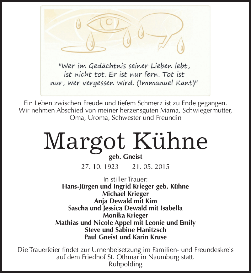  Traueranzeige für Margot Kühne vom 29.05.2015 aus Mitteldeutsche Zeitung Naumburg/Nebra