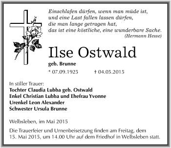 Traueranzeige von Ilse Ostwald von Mitteldeutsche Zeitung Mansfelder Land