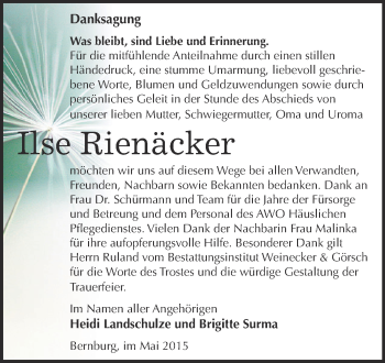 Traueranzeige von Ilse Rienäcker von Super Sonntag Bernburg