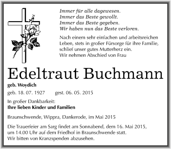 Traueranzeige von Edeltraut Buchmann von Mitteldeutsche Zeitung Mansfelder Land