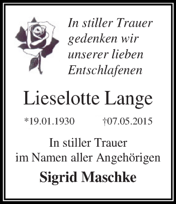 Traueranzeige von Lieselotte Lange von WVG - Wochenspiegel Dessau / Köthen