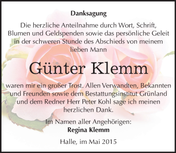 Traueranzeige von Günter Klemm von Mitteldeutsche Zeitung Halle/Saalkreis