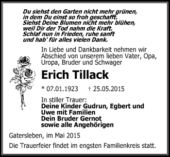 Traueranzeige von Erich Tillack von Mitteldeutsche Zeitung Aschersleben