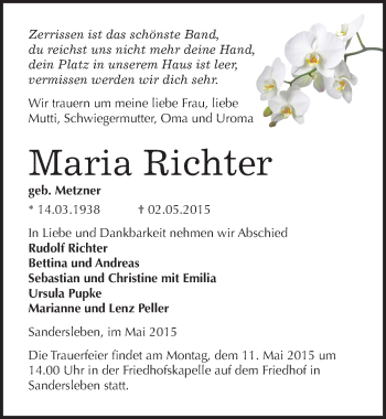 Traueranzeige von Maria Richter von Mitteldeutsche Zeitung Mansfelder Land