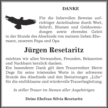 Traueranzeige von Jürgen Resetaritz von WVG - Wochenspiegel Dessau / Köthen