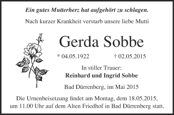 Traueranzeige von Gerda Sobbe von Super Sonntag Merseburg