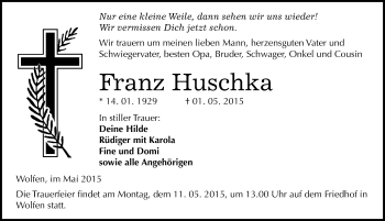 Traueranzeige von Franz Huschka von Mitteldeutsche Zeitung Bitterfeld