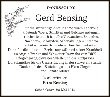 Traueranzeige von Gerd Bensing von Super Sonntag Aschersleben