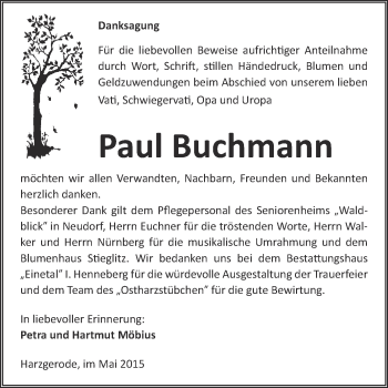 Traueranzeige von Paul Buchmann von Super Sonntag Quedlinburg