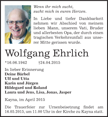 Traueranzeige von Wolfgang Ehrlich von Mitteldeutsche Zeitung Zeitz