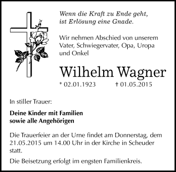 Traueranzeige von Wilhelm Wagner von Mitteldeutsche Zeitung Köthen