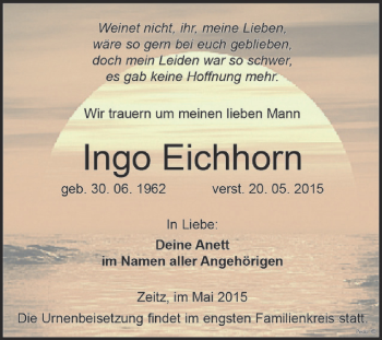 Traueranzeige von Ingo Eichhorn von Super Sonntag Zeitz
