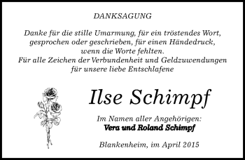 Traueranzeige von Ilse Schimpf von Mitteldeutsche Zeitung Sangerhausen
