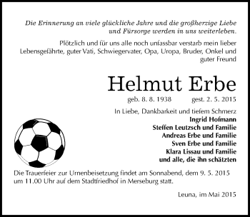 Traueranzeige von Helmut Erbe von Mitteldeutsche Zeitung Merseburg/Querfurt