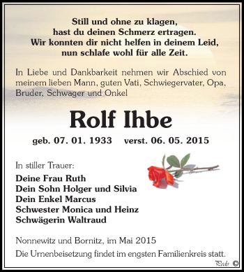 Traueranzeige von Rolf Ihbe von Super Sonntag Zeitz
