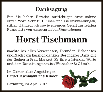 Traueranzeige von Horst Tischmann von Super Sonntag Bernburg