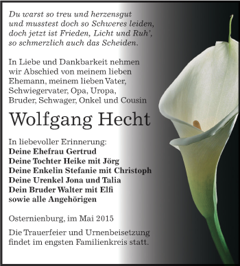 Traueranzeige von Wolfgang Hecht von WVG - Wochenspiegel Dessau / Köthen