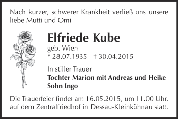 Traueranzeige von Elfriede Kube von WVG - Wochenspiegel Dessau / Köthen