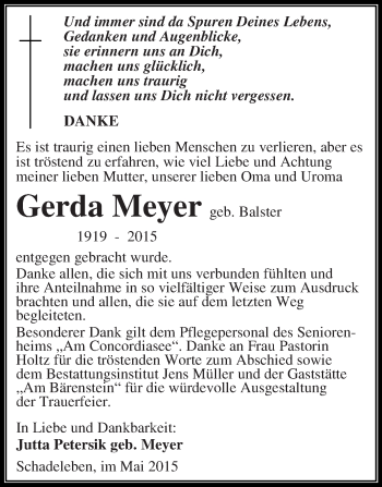 Traueranzeige von Gerda Meyer von Super Sonntag Aschersleben
