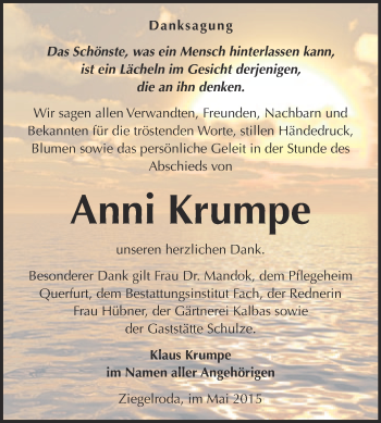 Traueranzeige von Anni Krumpe von WVG - Wochenspiegel Merseburg