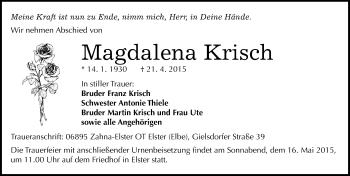 Traueranzeige von Magdalena Krisch von Mitteldeutsche Zeitung Wittenberg