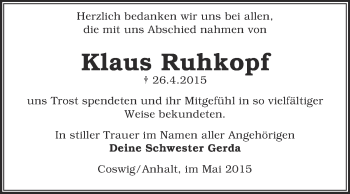 Traueranzeige von Klaus Ruhkopf von Super Sonntag Wittenberg