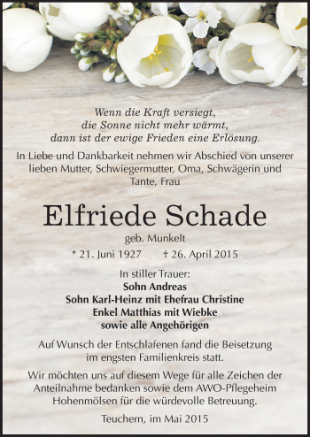Traueranzeige von Elfriede Schade von Mitteldeutsche Zeitung Weißenfels