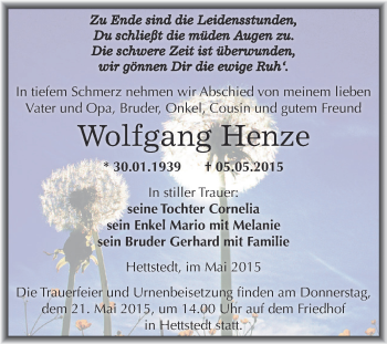 Traueranzeige von Wolfgang Henze von Wochenspiegel Mansfelder Land