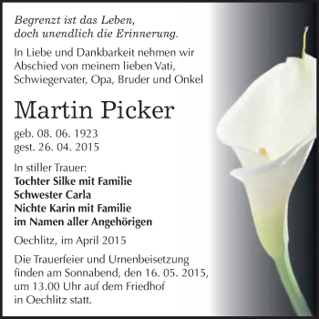 Traueranzeige von Martin Picker von WVG - Wochenspiegel Merseburg