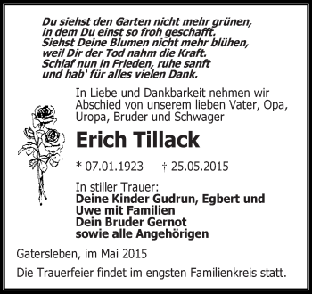Traueranzeige von Erich Tillack von Super Sonntag Aschersleben