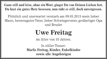 Traueranzeige von Uwe  Freitag von WVG - Wochenspiegel Dessau / Köthen