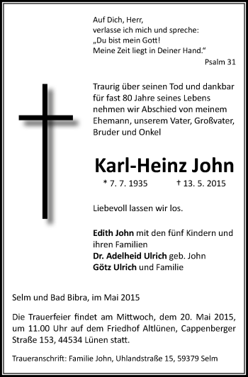 Traueranzeige von Karl-Heinz John von Mitteldeutsche Zeitung Naumburg/Nebra