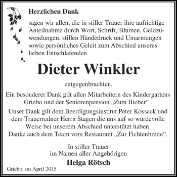 Traueranzeige von Dieter Winkler von WVG - Wochenspiegel Dessau / Köthen
