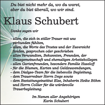 Traueranzeige von Klaus Schubert von WVG - Wochenspiegel Dessau / Köthen