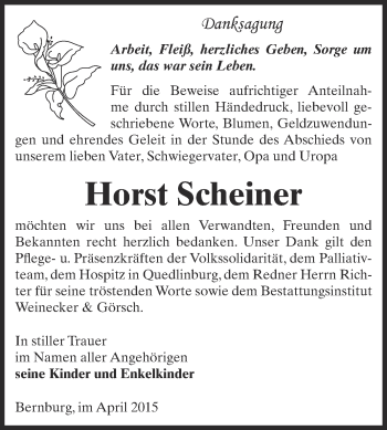 Traueranzeige von Horst Scheiner von Super Sonntag Bernburg