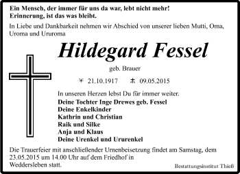 Traueranzeige von Hildegard Fessel von WVG - Wochenspiegel Quedlinburg