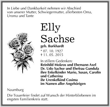 Traueranzeige von Elly Sachse von Mitteldeutsche Zeitung Naumburg/Nebra