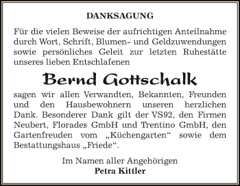 Traueranzeige von Bernd Gottschalk von WVG - Wochenspiegel Dessau / Köthen
