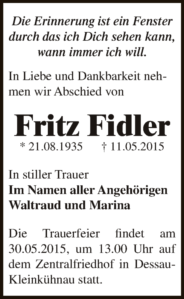  Traueranzeige für Fritz Fidler vom 24.05.2015 aus WVG - Wochenspiegel Dessau / Köthen