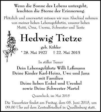 Traueranzeige von Hedwig Tietze von WVG - Wochenspiegel Quedlinburg