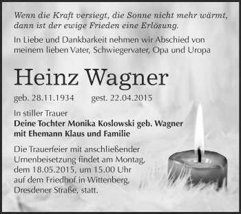 Traueranzeige von Heinz Wagner von WVG - Wochenspiegel Wittenberg