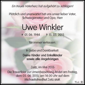 Traueranzeige von Uwe Winkler von Super Sonntag Zeitz