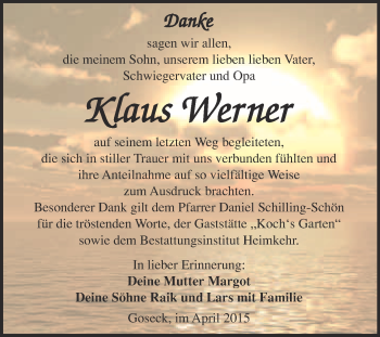 Traueranzeige von Klaus Werner von WVG - Wochenspiegel NMB / WSF / ZTZ