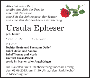 Traueranzeige von Ursula Epheser von Mitteldeutsche Zeitung Merseburg/Querfurt