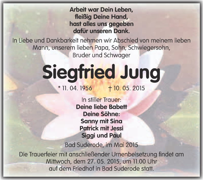  Traueranzeige für Siegfried Jung vom 24.05.2015 aus WVG - Wochenspiegel Quedlinburg