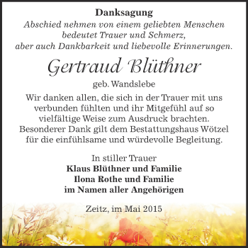 Traueranzeige von Gertraud Blüthner von Super Sonntag Zeitz