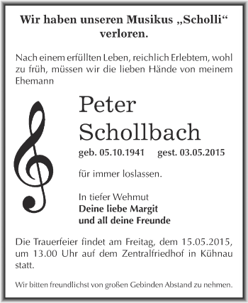 Traueranzeige von Peter Schollbach von WVG - Wochenspiegel Dessau / Köthen