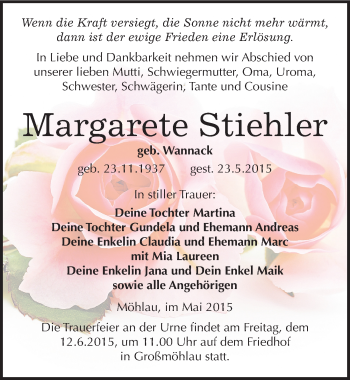 Traueranzeige von Margarete Stiehler von Mitteldeutsche Zeitung Wittenberg